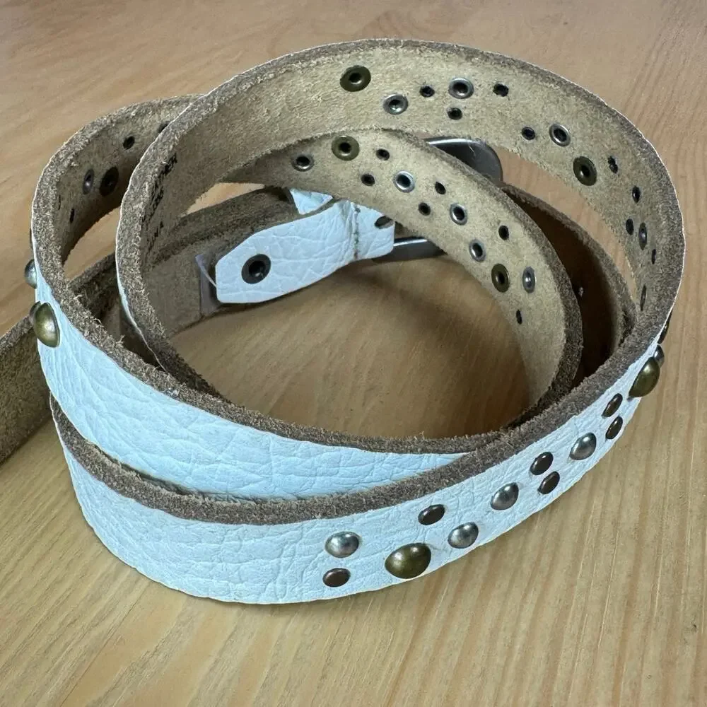 VTG Y2K Ed Hardy Womens Belt White Leather Studded Thin Handmade Grunge Large